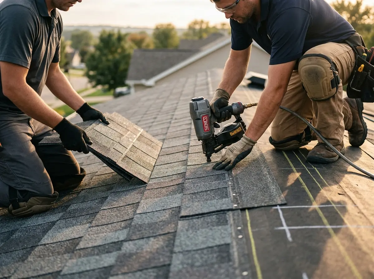 Professional roofer working on a residential roof in Ontario